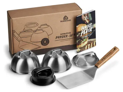 Obrázek produktu pro BURNHARD Sada na přípravu burgerů, 6 dílů, včetně: lis na burgery, obracečka, nástroj na rozmačkávání, 2 nerezové poklice a receptář