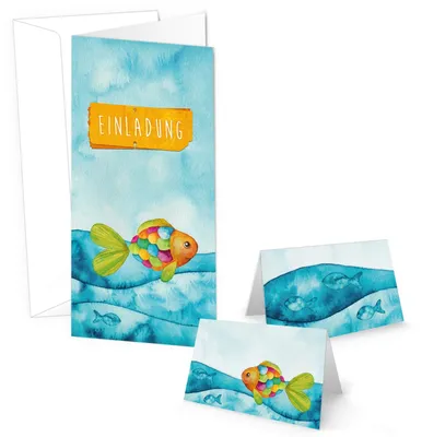 Einladungskarten-Set mit 10 Karten + 25 Tischkarten, Regenbogenfisch, bunt