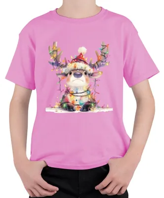 Produktbild von Süßes Rentier Lichterkette Weihnachten Geschenk Kinder Cartoon Kinder T-Shirt, Pink, 140