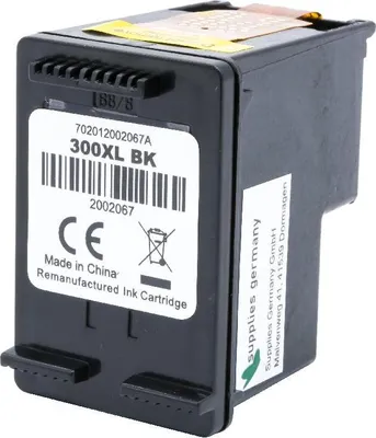 A black ink cartridge with labels.