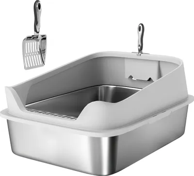 Produktbild von Katzentoilette Edelstahl Offene Katzenklo mit Schaufel hohem Rand für große Katzen bis 12 kg 69,8 x 50,3 x 29,8 cm Grau
