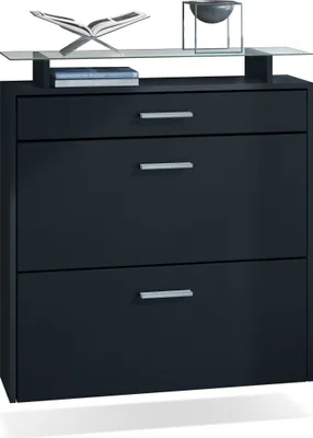 Produktbild von Vladon Schuhschrank Malea, hängender Schuhkipper für 16 Paar Schuhe mit 2 Klappen und 1 Schublade und Glasablage, Schwarz matt/Schwarz matt (89 x 96 x 23 cm)