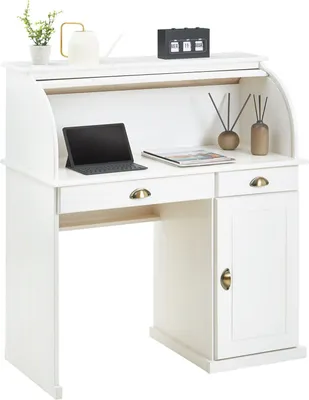 Produktbild von Sekretär TOM aus massiver Kiefer in weiß, schöner Bürotisch mit 2 Schubladen und 1 Tür, praktischer Arbeitstisch mit Rollladen