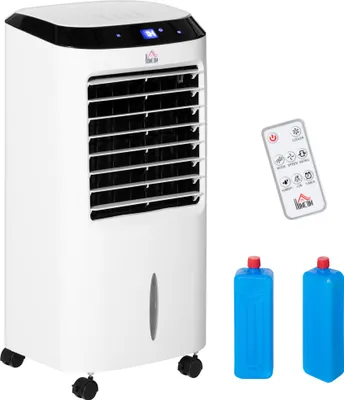 Image de HOMCOM Climatiseur refroidisseur d'air ventilateur humidificateur ioniseur 4 en 1 sur roulettes télécommande 3 modes 3 vitesses minuterie et oscillant réservoir 10L 2 blocs réfrigérants blanc noir