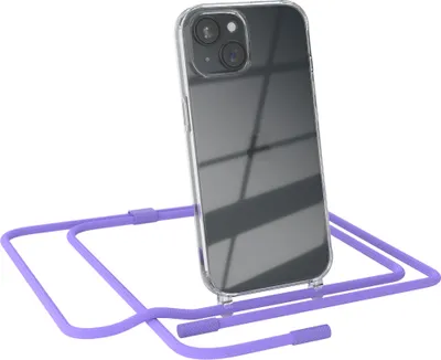 Produktbild von EAZY CASE Handykette für Apple iPhone 15, Clear Case aus Silikon, mit Umhängeband, abnehmbare Endstücke, Handyband in Violett