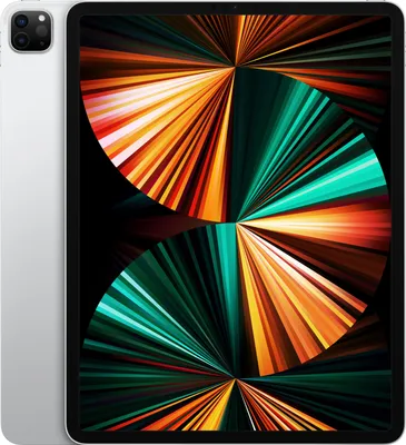 A silver iPad Pro is shown from the front and side, displaying a colorful wallpaper.