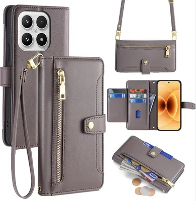 Produktbild von Handykette für Xiaomi 17 Hülle mit Band Handyhülle Kartenfächer Kunstleder Umhängetasche in Grau