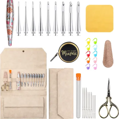 Produktbild von INF Ergonomisches Häkelnadelset mit Etui - 9 Tunesische Häkelnadeln Beige