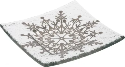 Produktbild von Glasteller Schale Tischdeko Transparent mit Schneeflocken Weiß Fusing Glas ca. 10x10cm Handmade