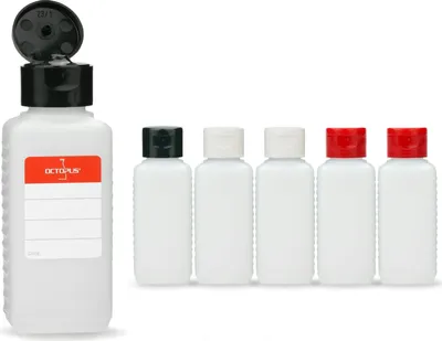 Produktbild von 6 Plastikflaschen 100 ml eckig aus HDPE, G25, Klappscharnierverschluss, je 2x schwarz, rot, weiss