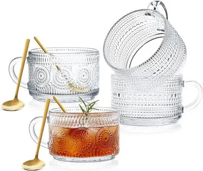 Immagine prodotto di 4 tazze da caffè in vetro da 350 ml trasparenti con manico e cucchiaino