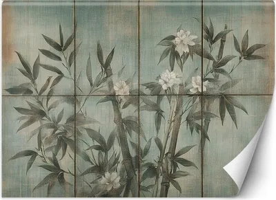 Produktbild von Vlies fototapete Bambussprossen mit Blumen auf strukturiertem Hintergrund 300x210 cm Feeby Blau inkl. Kleber einfache Montage