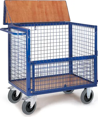 Produktbild von Rollcart Drahtkastenwagen halb geklappt und vergittert mit Deckel 975x675mm
