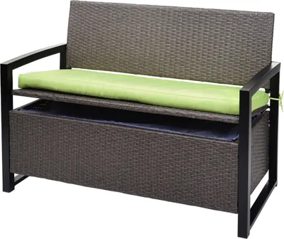 A poly-rattan bench with a storage compartment and a green cushion.