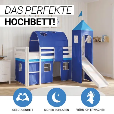 Produktbild von Homestyle4u Hochbett 90x200 Kinder mit Rutsche mit Lattenrost mit Turm Tunnel Vorhang Blau Junge Kinderbett Weiß Holz Massiv Spielbett Rausfallschutz