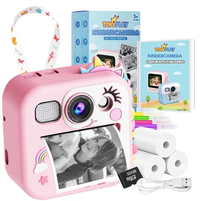 Productafbeelding van TinyPlay Kindercamera met foto printer - Siliconen Hoes - 48MP - Digitale Camera Kinderen - 32GB SD kaart