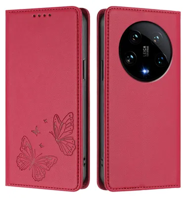 Image de Étui en cuir pour Xiaomi 14 Ultra, motif papillon, étui portefeuille à rabat avec support, rouge