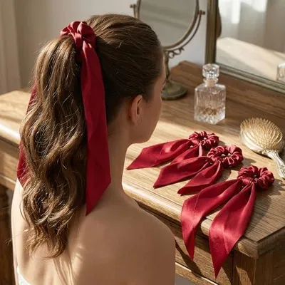 Produktbild von 4 Stück Chiffon Haargummis mit Schleife – Rote Elastische Haargummis für Damen, Stylische Scrunchies mit Kaninchenohren Design, Perfekt für Alltag und Besondere Anlässe