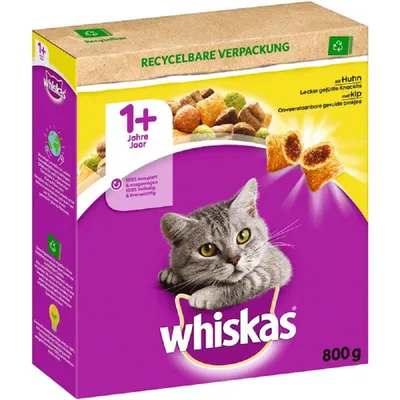 Produktbild von Whiskas Adult 1+, Premium Trockenfutter für Katzen, Huhn, 800g