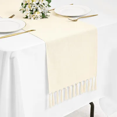 Produktbild von Beiger Tischläufer 33 x 243 cm im Boho-Stil mit Quasten