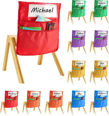 Immagine prodotto di VEVOR borsa per sedia da classe, confezione da 12, 43x48 cm, borsa per schienale con etichetta per nome, 6 colori, organizzatore per lo schienale della sedia per bambini in classe, all'asilo, a scuola e a casa