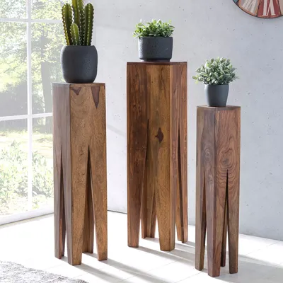 Produktbild von Satztisch FineBuy Massivholz Blumentisch 3er Set Säulentisch Dekosäule Eckig