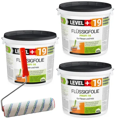 Zdjęcie produktu dla Folia w płynie zewnętrzna na drewno na płytki Level+ FLÜSSIGFOLIE PROFI 1K L+19 60 kg + Wałek Malarski 25cm