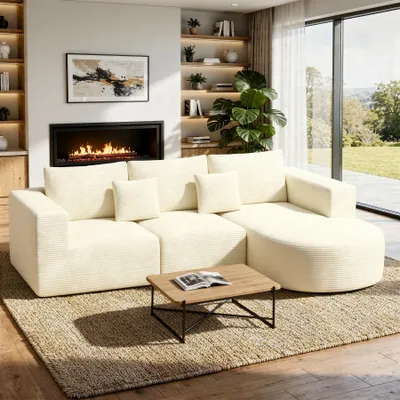 Produktbild von Aivermeil Modernes L-Sofa in L-Form – Cloud-Couch aus Cord für das Wohnzimmer montagefrei inklusive zwei Kissen, 264x177 cm, Beige, Rechte Recamiere