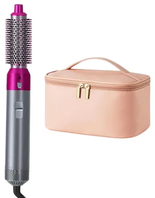 Rosa und graue Haartrocknerbürste mit rundem Bürstenkopf und hellrosa Kosmetiktasche mit Reißverschluss
