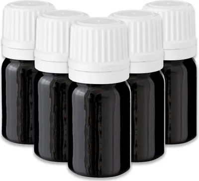 Produktbild von 5x Schwarze Glasflasche 5 ml mit weißem Tropfer Glasfläschchen 18/415