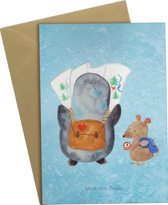 Produktbild von Mr. & Mrs. Panda Klappkarte Pinguin & Maus Wanderer - Eisblau - Geschenk, einladungskarten, Grußkarten, Wandern, weihnachtskarten, Wanderlust, Grußkarte, Glückwunschkarte