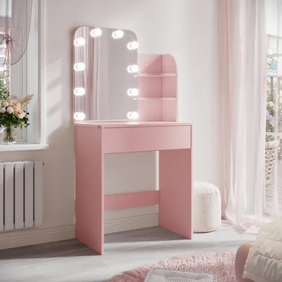 Image de SONNI Pink Coiffeuse, 70x40x140cm commode compacte avec miroir à ampoules tricolores, luminosité réglable, coiffeuse avec commode
