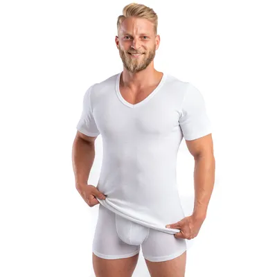 Produktbild von HERMKO 554880 Herren kurzarm Shirt mit V-Ausschnitt aus Baumwolle/Modal/Elasthan, Größe:D 4 = EU S, Farbe:weiß