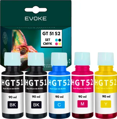 A set of four ink bottles and their packaging.