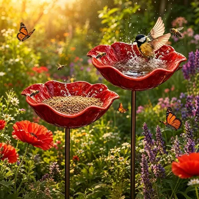 Image de Deux abreuvoirs pour oiseaux et abeilles, décorés de motifs floraux, pour le jardin