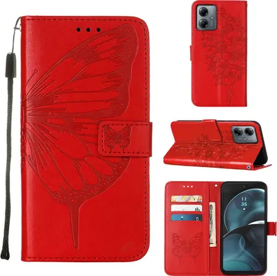 Produktbild von Lederhülle für Motorola Moto G14 Schmetterling Prägung Flip Ledertasche Kartenfächer Handyhülle mit Ständer Rot