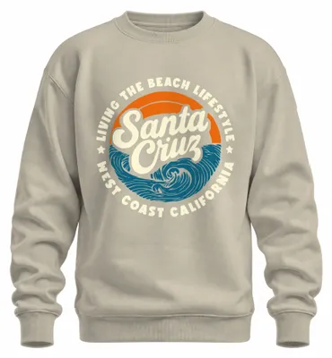 Imagen del producto de Sudadera uni con cuello redondo, diseño retro de Santa Cruz, California, costa oeste, surf, olas, vida en la playa, estilo natural, talla XXL
