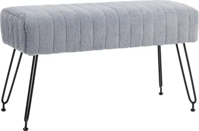 Zdjęcie produktu dla Ławka Fortuna Lai Ławka tapicerowana z imitacją futra 82 x 30 x 47 cm szara metalowe nogi Ławka na buty do przedpokoju sypialni salonu