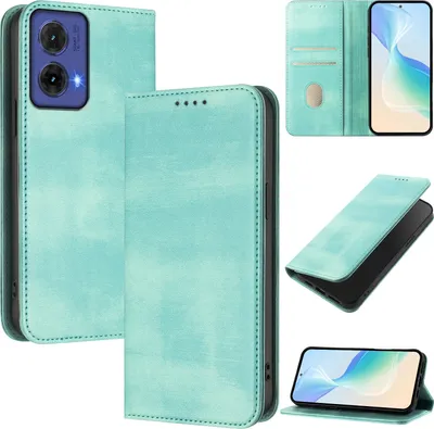 Produktbild von Handyhülle für Motorola Moto G85, Vintage Leder RFID Schutz Kartenfach Standfunktion Magnetische Klapphülle Türkis