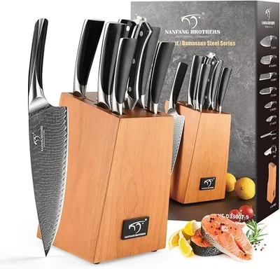 Imagen del producto de Juego de cuchillos de cocina, 9 piezas, cuchillos de Damasco con bloque