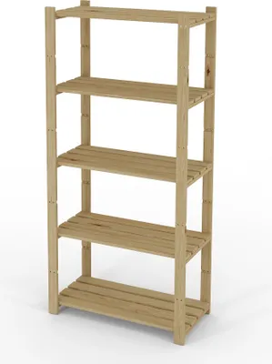 A wooden shelving unit with five shelves against a white background.