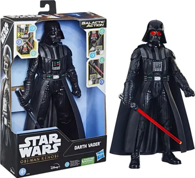 A product image showing a Darth Vader action figure in its packaging and also displayed outside of the packaging.