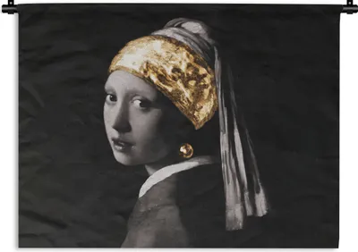 Produktbild von MuchoWow® Wandteppich Wandbehang Mädchen mit Perlenohrring - Vermeer - Schwarz - Weiß - Gold 90x67.5 cm Tapisserie Dekoration Wandtuch - Fototeppich - Wand-Skulpturen