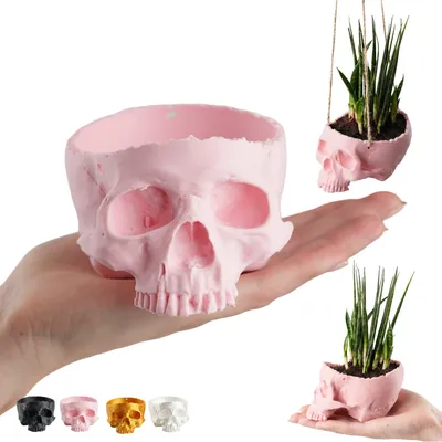 Immagine prodotto di Vaso teschio 3D 12,5 cm, fioriera gotica per piante grasse e cactus – Rosa sakura