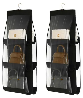 Image de Sac de rangement pour sacs à main, lot de 2, organiseur suspendu pliable avec 6 compartiments transparents pour armoires, dressings et chambres (noir)