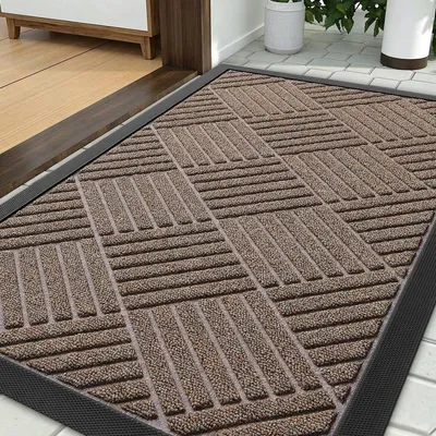 Image de Paillasson extérieur, 60 x 90 cm, tapis anti-saleté, lavable, couleur marron, motif diamant, antidérapant