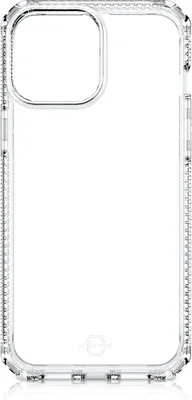 A clear phone case is shown against a white background.