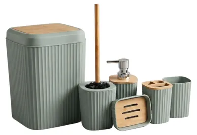 Produktbild von Badset 6-teilig, Badezimmer Zubehörset, Badaccessoires quadratisch Salbei