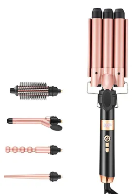 Produktbild von 5 in 1 Lockenstab Set mit Keramik Aufsätzen, 3-fach Lockenstab, 9-32mm, LED Temperaturanzeige 130-220°C, schnelles Aufheizen
