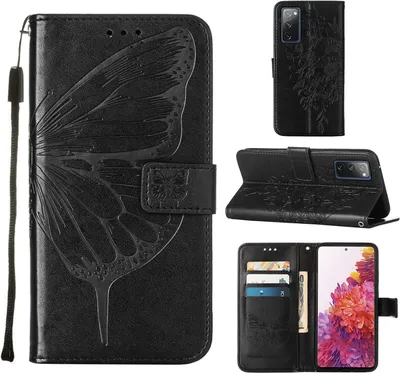 Produktbild von Galaxy S20 FE 4G Hülle, Schmetterling Prägung Flip Leder Kartenfächer Schutzhülle Ledertasche mit Ständer für Samsung Galaxy S20 FE 4G / 5G Schwarz